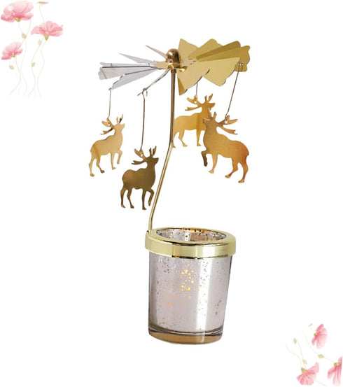 Rotating Candlestick Holder Christmas Carousel Spinning Deer Tea Light Holder Table Decoration (Gold)...