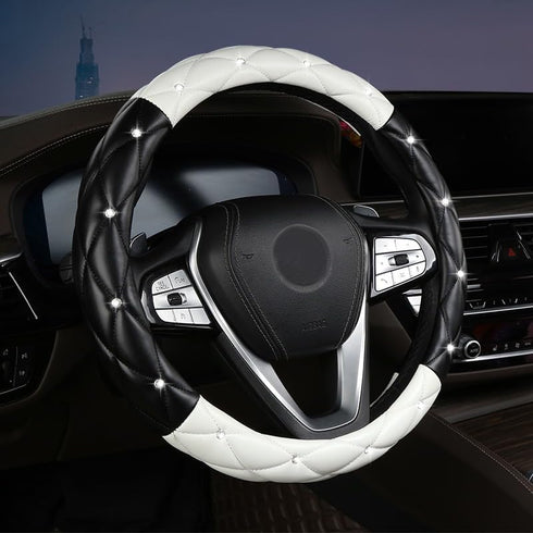 Amuahua Car Steering Wheel Cover, 38CM/15 Universal PU Leather DAD Cystal Diamond Steering Wheel Cover Four Seasons Steering Cover for Women & Gir...