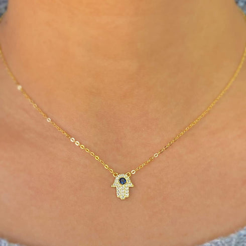 Kyerlyn Hamsa Hand Pendant Necklace 14K Gold Plated Cubic Zirconia CZ Hamsa Hand Necklace Dainty Evil Eye Necklace for Women Handmade Necklace Gif...