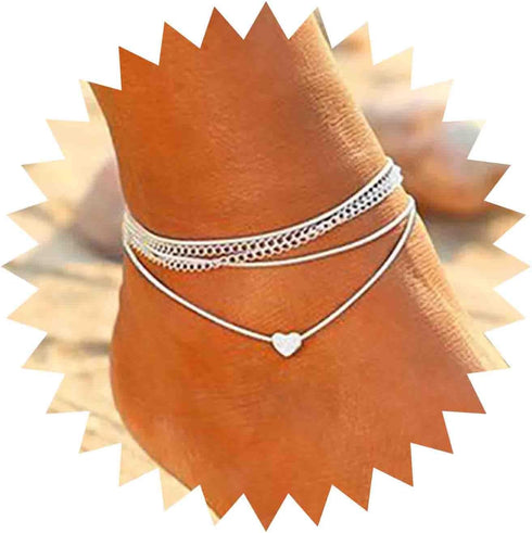 Boho Layered Anklet Bracelet Silver Heart Rope Chain Anklet Summer Beach Love Heart Anklet Bracelets Beach Layering Foot Chain Jewelry for Women...