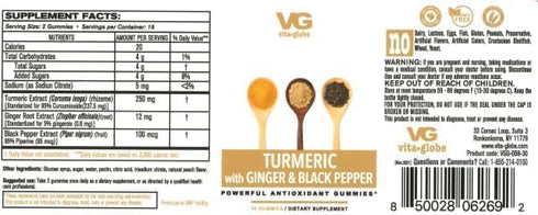 VitaGlobe Turmeric with Ginger and Black Pepper Gummy - Non-GMO, Vegan and Powerful Antioxidant, 30 Count (Pack of 1)...