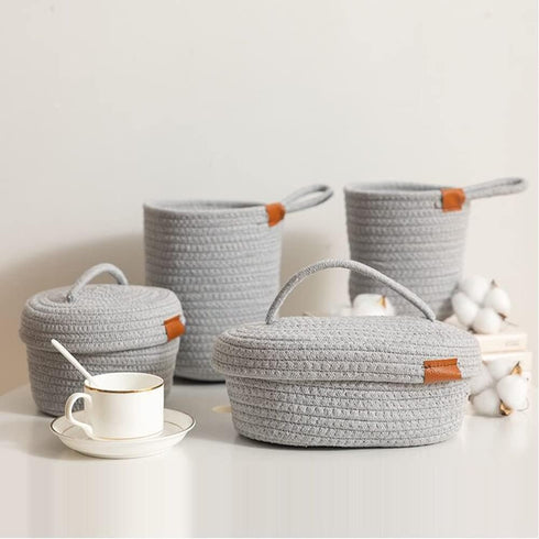 Small Storage Basket-Natural Cotton Rope Woven Baskets for Organizing Cute Basket for Home Decor,Bedside Bathroom Organization Bin (White with Lid...