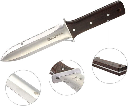 12" Hori Hori Garden Knife with FREE Diamond Sharpening Rod, Stainless Steel Blade with Protective Handguard and Full Tang Handle, Comes with Thic...