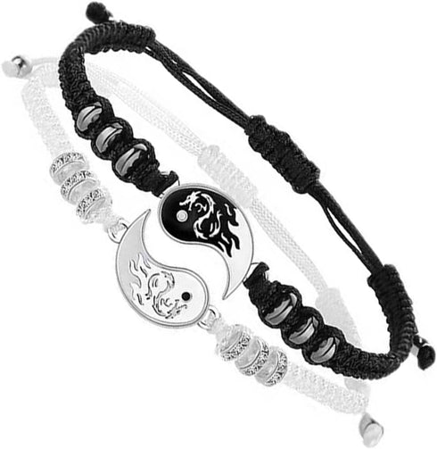 INENIMARTJ 4Pcs Yin Yang Matching Dragon Bracelet Necklaces Set for Women Men,Yin Yang Couple Bracelet Pendant Necklaces for Bff Best Friend Gift...