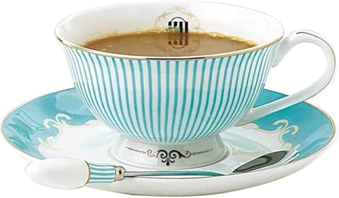 Cup& Saucer Set Bone China Porcelain Tea Coffee Cup for Breakfast Afternoon Tea- Blue Stripe Pattern (1)...