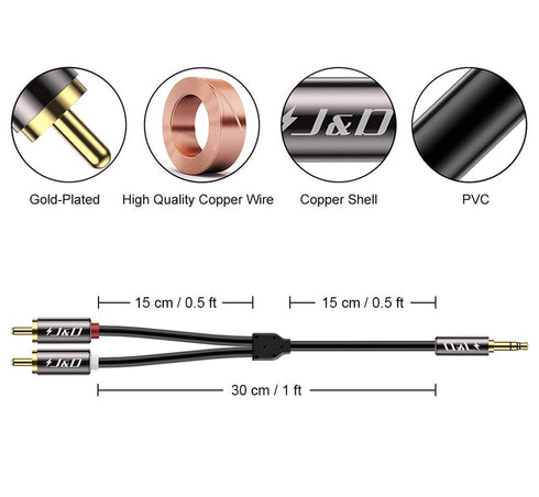 J&D RCA Audio Cable, RCA to 3.5mm 1ft, 3.5mm Male to 2 RCA Phono Male Stereo Audio Adapter Aux Cable Gold-Plated Copper Shell Heavy Duty, 3.5 to R...