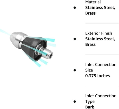 Pressure Washer Sewer Jetter Nozzle with Stainless Steel, Durable Design Sewer Jet Nozzle,Pressure Drain Jetter Hose Nozzle,3/8'' Quickly Connecto...