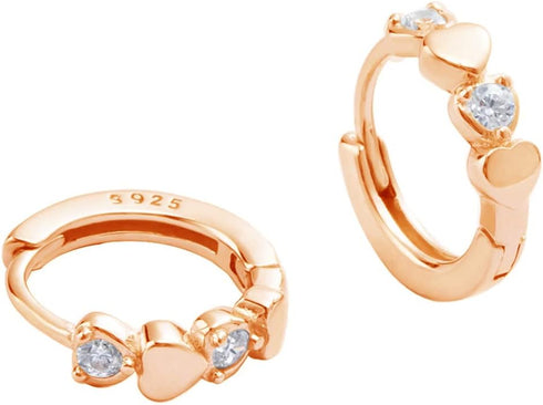 14K Rose Gold Double Love Heart Cubic Zirconia Small Hoop Earrings for Women Girls 925 Sterling Silver Cartilage Tiny Cute Huggie Hoops Hypoallerg...