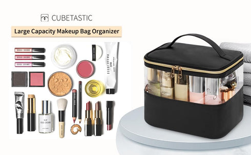 CUBETASTIC Travel Makeup Bag, Large Capacity Make Up Bag for Women Transparent Plastic Patchwork Clear Cosmetic Skincare Organizer Train Case Wate...