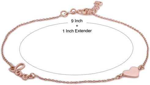 Sterling Silver Jewelry - Rose Gold Plated 925 Stamp - Love and Heart Charm Anklet - Stylish Beautifully Designed for Women - 9" Long + 1" Extende...