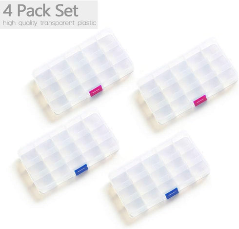 Opret 15 Grids Bead Organizer(4 Pack), Earring Organizer Box, SMALL Plastic Clear Organizing Containers with Adjustable Dividers for Crafts Jewelr...