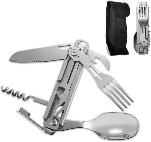 Outdoor Camping Utensil Set, Multi Tools 6 in 1 Stainless Steel Camping Spoon Fork Knife Combo, Vonhen Portable Travel Cutlery Set, Detachable Hik...