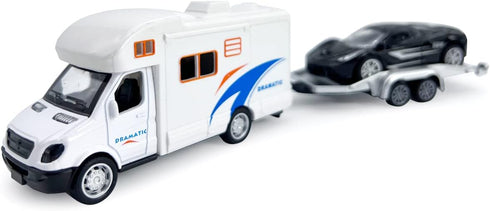 Toy Camper RV Trailer Towing Supercar Sports Model Car Diecast Motorhome Toys for Boys Pull Back Toy Cars, Beach Sandbox Outdoor Adventure Play Se...