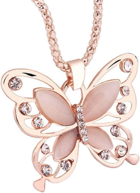 Fashion Womens Lady Rose Gold Opal Butterfly Pendant Necklace Sweater Chain Hot...