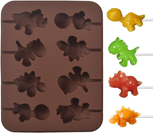Newk Lollipop Silicone Mold, 4 Packs 8- Cavity Non-Stick Dinosaur Silicone Molds for Lollipop Chocolate Candy...