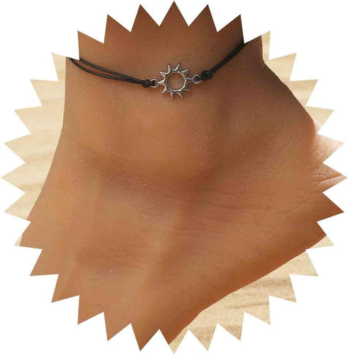 Bohemian Sun Anklet Black Woven Rope Ankle Bracelet Silver Sunshine Chain Anklet Adjustable Wax Anklets Summer Beach Foot Chain Jewelry for Women ...