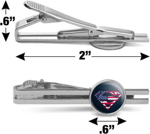 Superman USA American Flag Shield Logo Round Tie Bar Clip Clasp Tack Silver Color Plated...