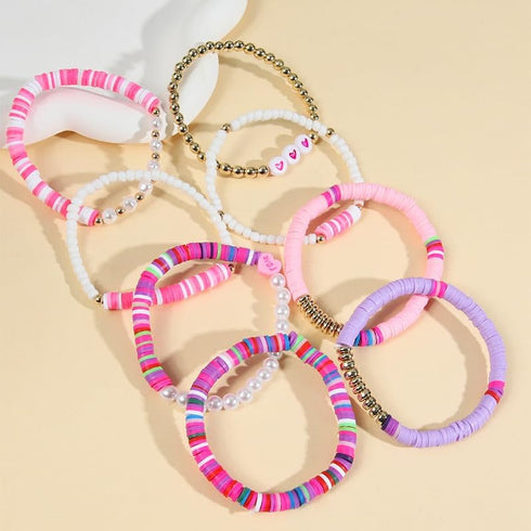 5-12Pcs Surfer Bead Bracelets Set Y2k Star Love Heart Charms Bracelets Vinyl Disc Heishi Colorful Clay Beaded Stretch Bracelet for Women Boho Summ...
