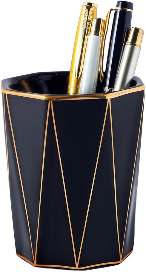 Ceramic Cone-Shape Pen Holder With Gold Line Stand Pencil Cup Pot Desk Organizer Makeup Brush Holder (Black)...