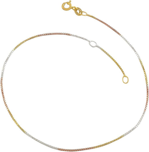 Kooljewelry 14k Tri-color Gold over Silver 0.8 mm Venetian Box Chain Anklet (9-10 inch)...