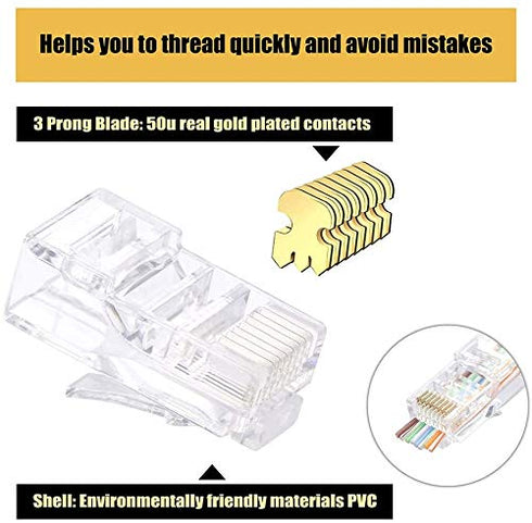 VCELINK RJ45 Cat5e Cat5 Pass Through Connectors, Cat5e RJ45 Ends, RJ45 Modular Plugs for Solid or Stranded UTP Network Cable 100-Pack...
