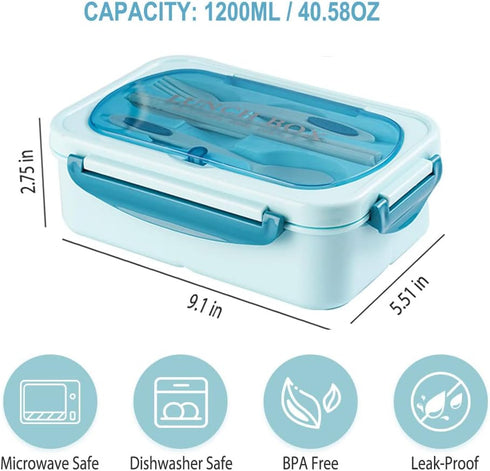 NatraProw Bento Box for Adult, 1200 ML Lunch Containers, LeakProof Lunch Box with Utensils, BPA Free, 3 Compartment Bento Box Microwave Safe, Blue...