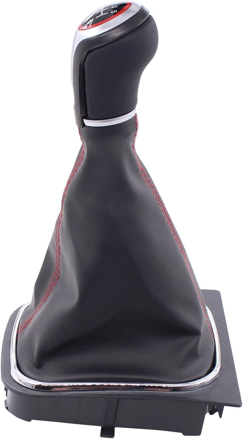 MOTOKU Black Leather with Red Stitching Gear Shifter Knob Boot Cover with 6 Speed Manual Shift Knob and Bracket Base Assembly for Volkswagen Jetta...