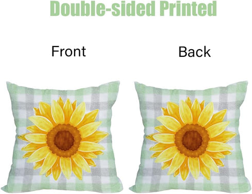 2 Pack Waterproof Sunflower Pillow Covers 16x16 Inch Green Buffalo Plaid Yellow Floral Throw Pillow Cases Spring Summer Holiday Farmhouse Decorati...