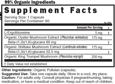 Nutri L Ergothioneine Supplements With Organic Mushroom Complex - 5mg L-Ergothioneine & 600mg Organic Mushroom Extracts, Organic Oyster, Organic S...