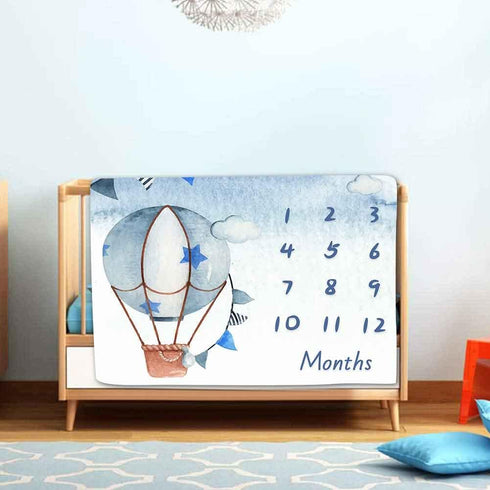 Blue Baby Monthly Milestone Blanket, Cartoon Hot Air Balloon Star Newborn Photo Baby Memory Blanket Nursery Baby Swaddle Blanket, 48x40 Inches BTX...