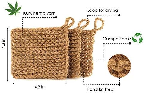 Natural Hemp Sponges for Dishes - Biodegradable Scrubber for dishwashing -Organic Reusable Unsponges Hand Knitted- Eco Friendly 100%-Compostable S...