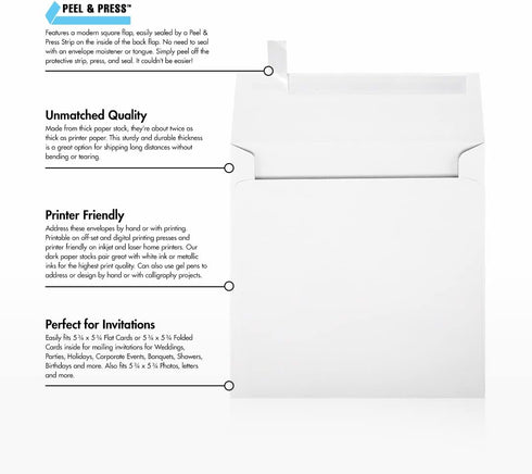 LUXPaper Square Invitation Envelopes | Peel & Press | 6" x 6" | Bright White | 80lb. Text | 50 Qty...