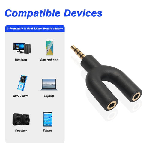 Headphone Audio Y-Splitter Adapter, 3.5mm Male Stereo Jack to 2 Port 3.5mm Female Adapter, Adapter Compatible with Headset, Earphone, for iPhone, ...