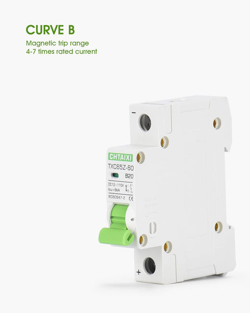 12V-110V DC Miniature Circuit Breaker, 20 Amp 1 Pole Battery Breaker Protector for Solar PV System and RV, Thermal Magnetic Trip, DIN-Rail/Surface...
