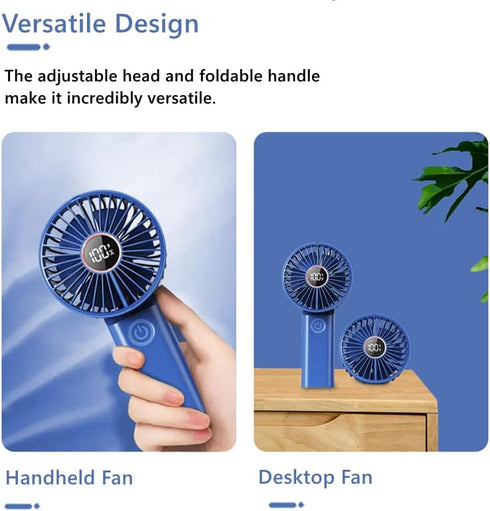 Mini Portable Fan, Powerful Handheld Fan Rechargeable with LED Display, Hand/Desk/Neck 3 In 1 Personal Fan with 6 Speed and 180° Foldable, Quiet f...