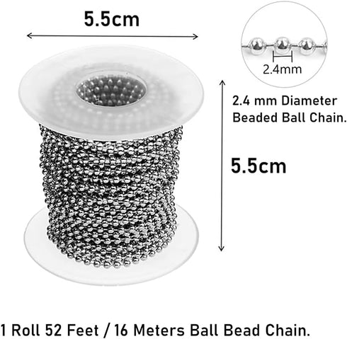 Wayilea Ball Bead Chain 52 Feet, Stainless Steel Ball Chains with 100 Pieces Matching Connectors Clasps, DIY Necklace Making Craft Dog Tag Key Cha...