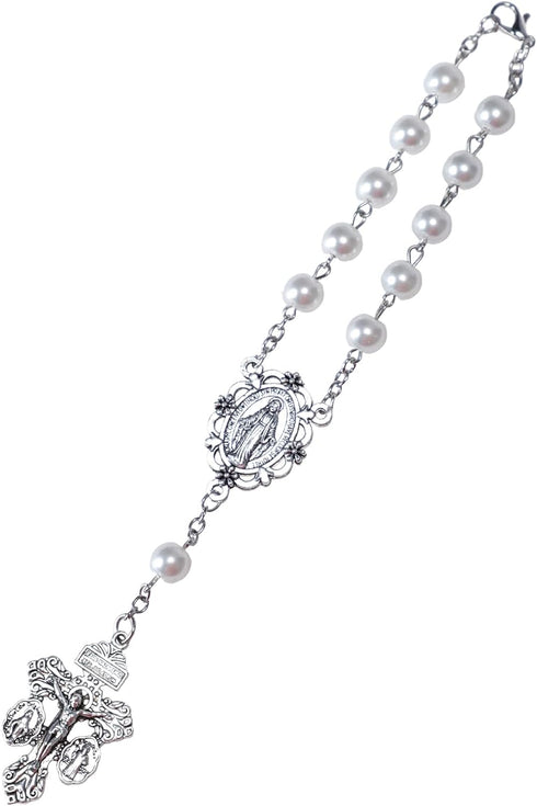 White Pearl Rosary for Car,Pardon Crucifix One Decade Rosary,Medalla Milagrosa Small Car Rosary for Rearview Mirror,Pocket Rosary Crucifijo Cruz D...
