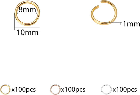 300 Pcs 10mm Open Jump Rings Silver, Gold and Rose Gold Plated Jump Rings for Jewelry Making Iron Made Single Ring Bulk for DIY Craft Earring Neck...