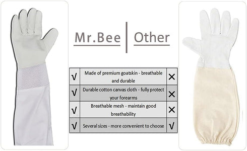 Mr.Bee Beekeeping Supply Goatskin Leather Beekeeper Gloves with Vent Long Canvas Sleeve & Elastic Cuff M...