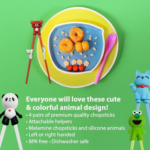 Kids Training Chopsticks for Toddlers, Kids and Adults – Removable Finger Helpers, Animal Design, BPA-Free, Dishwasher-Safe (Animals 4-Pack)...