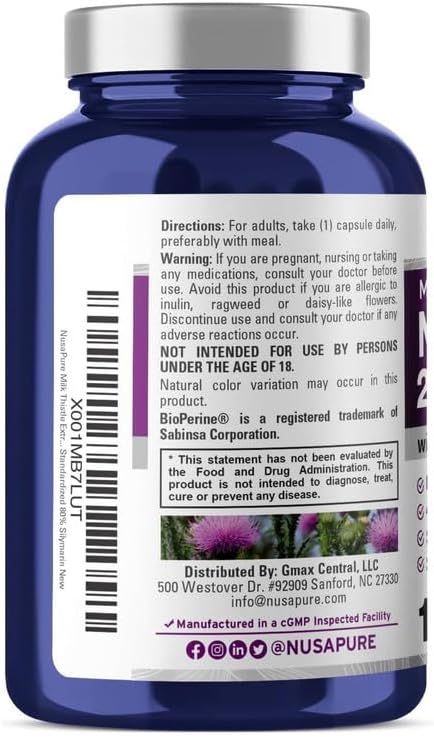 NusaPure Milk Thistle Extract 27,500mg 120 Veggie Capsules (50:1 Extract, Non-GMO, Gluten Free) Max Strength - Standardized 80% Silymarin, Bioperi...