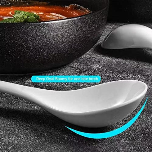 Artena Large Soup Spoons Set Of 4, 9 Inch White Ceramic Serving Asian Soup Spoons for Ramen, Pho, Chinese Long Handle Spoon, Deep Oval Hook Design...