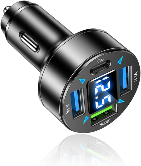 Car Charger,4 Ports Fast Car Charger with Plug Outlet/LED Voltmeter/PD3.1/Super Port,Universal Car Accessories Cigarette Lighter USB Charger Compa...