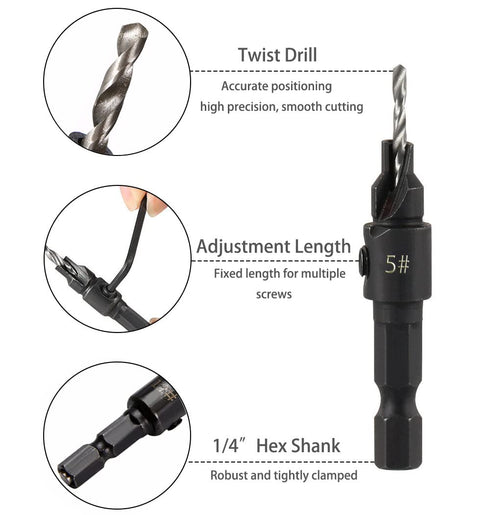 5pcs Wood Countersink Drill Bit Set Hex Shank Quick Change Counter Sinker Pre Hole Drill Bit Set Screw Counterbore Bit Pilot Bit Set #5, #6, #8, #...