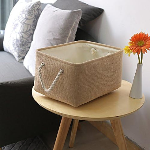 TheWarmHome Decorative Basket Rectangular Fabric Storage Bin Organizer Basket with Handles for Clothes Storage (Beige, Medium-1Pack,13.8L*9.8W*6.7...