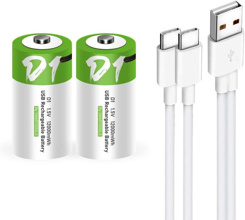 Rechargeable D Batteries 1.5V 12000mWh USB Lithium ion Rechargeable D Battery with USB Type C Charging Cable, High Capacity Fast Charge, 1200 Cycl...