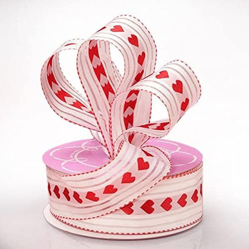 1 1/2" X 25 Yards White/Red Heart with Stripe Ribbon...