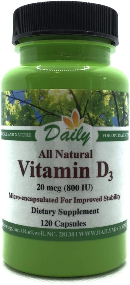 Daily Manufacturing Vitamin D3 800 IU (20 mcg, Non-GMO & Certified Kosher) 120 Vegetarian Capsules...