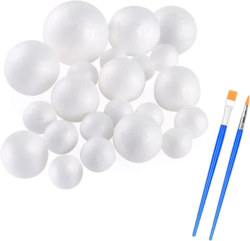 hesmartly 60 Pack Craft Foam Balls,White Polystyrene Smooth Round Balls, 6 Sizes Foam Balls and 2 Pieces Painting Brushes for DIY Projects Arts an...