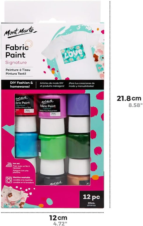 Mont Marte Signature Fabric Paint, 12pc x 0.7oz (20ml), Suitable for DIY Fashion and Homewares...